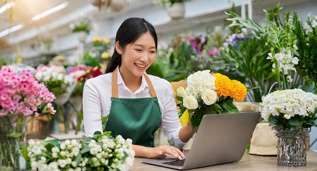 Florist står i butik med laptop framför sig på disken. Håller i en bukett.