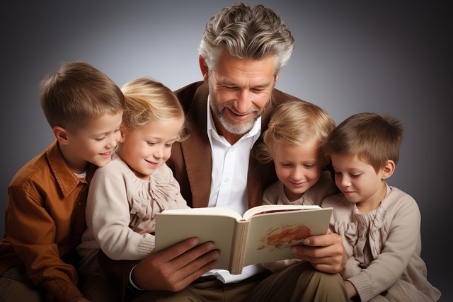 En vuxen sitter och läser en bok för fyra barn. de sitter tätt intill och tittar i boken.