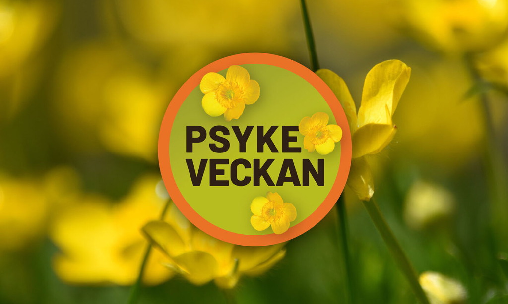 Smörblommor i bakgrunden. I mitten cirkel med smörblommor och texten Psykeveckan