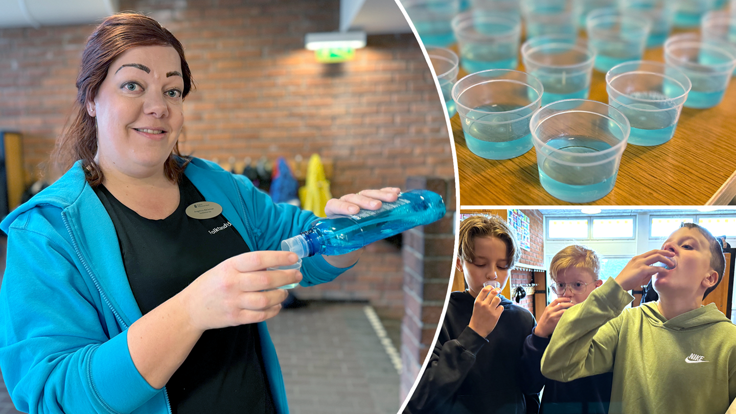 Tre bilder. En bild föreställer fluortanten , tandsköterska med fluor. Bild 2 till höger: små muggar med fluor på ett bord. Nedanför är bild 3: Barn som sköljer med fluor.