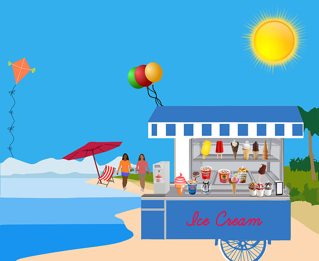 Illustration: en blå glass- och korvvagn på en strand . Blå himmel med sol. Parasoller och människor i bakgrunden