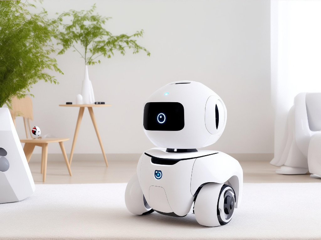 En vit robot med hjul, i bakgrunden stol och bord.
