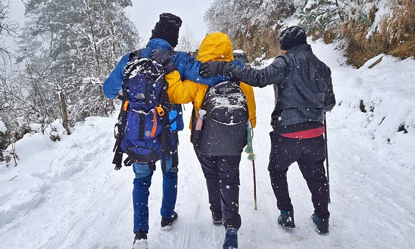 tre personer som syns bakifrån gående på en vintrig skogsväg. De har ryggsäckar. Det snöar.