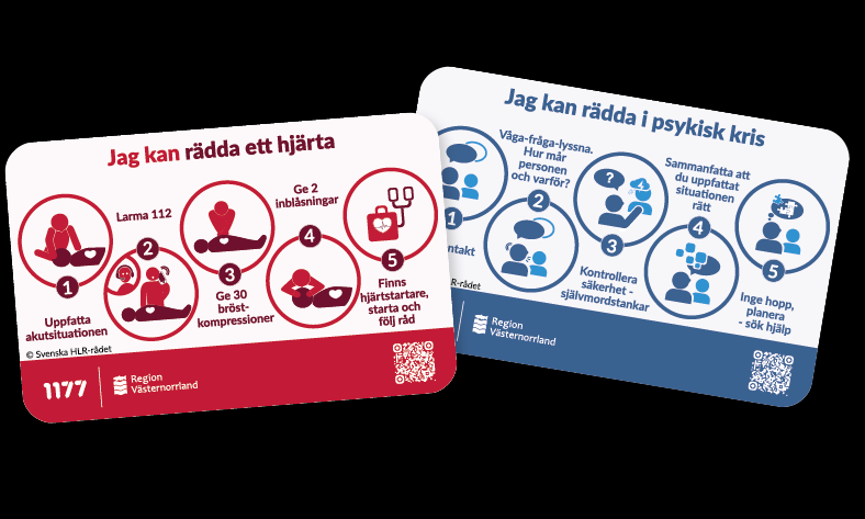 Plastkortets båda sidor. Den ena med text och symboler i rött om HLR. Jag kan rädda ett hjärta står det överst. Den andra sidan i blått PLR. Jag kan rädda i psykisk kris står det överst.