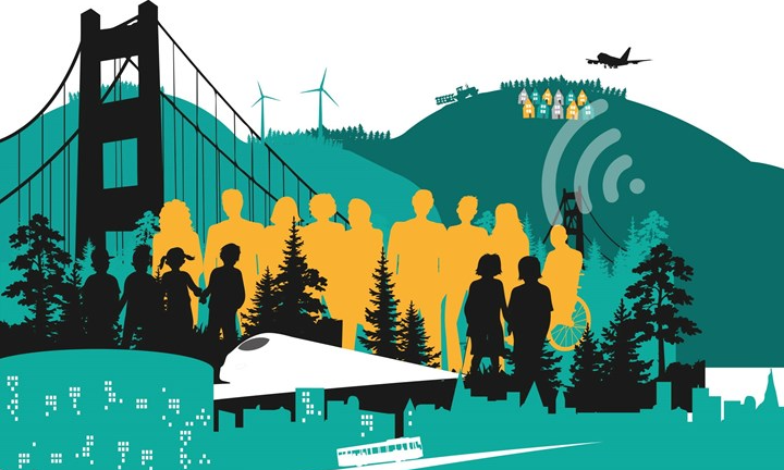 Illustration med Höga Kustenbron med skog och berg. Människor och byggnader. Färgerna grönt, gult och svart.
