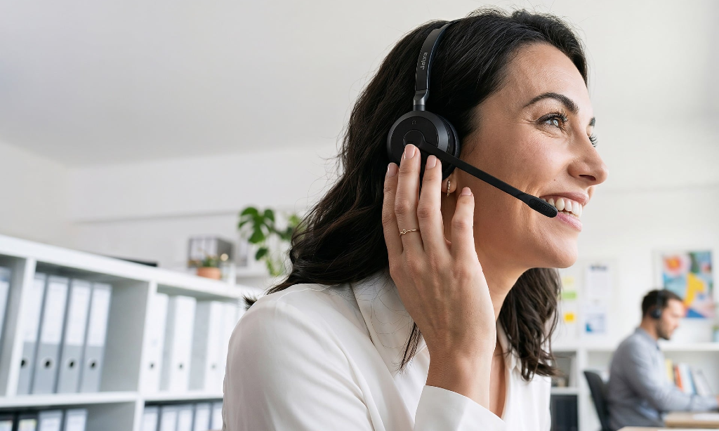 En kvinna sitter med headset i ett kontorslandskap och pratar glatt. I bakgrunden syns en man med headset. Det är ett ljust rum med hyllor fulla med vita och grå arkiv/tidskriftsamlare.