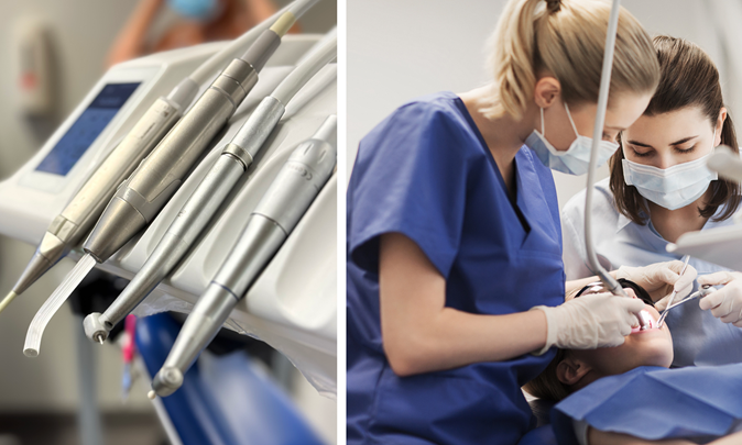 Två bilder ihop. Till vänster instrument som tandläkare använder. Personal som arbetar i patients mun på högra bilden.