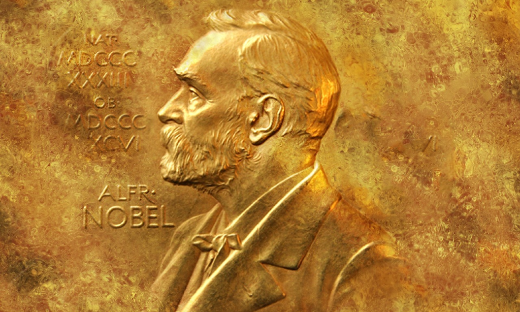 Guldfärgad plakett av Alfred Nobel