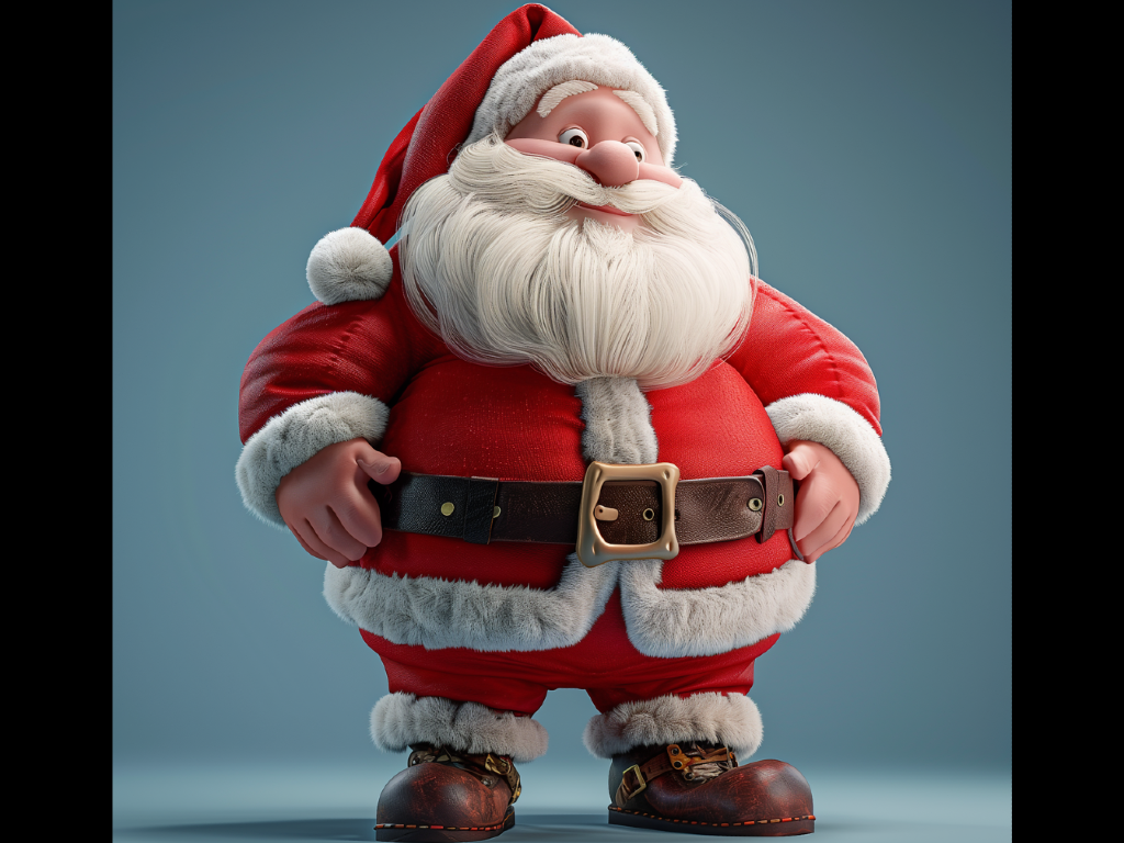 Jultomte med stor mage i röd tomtedräkt.